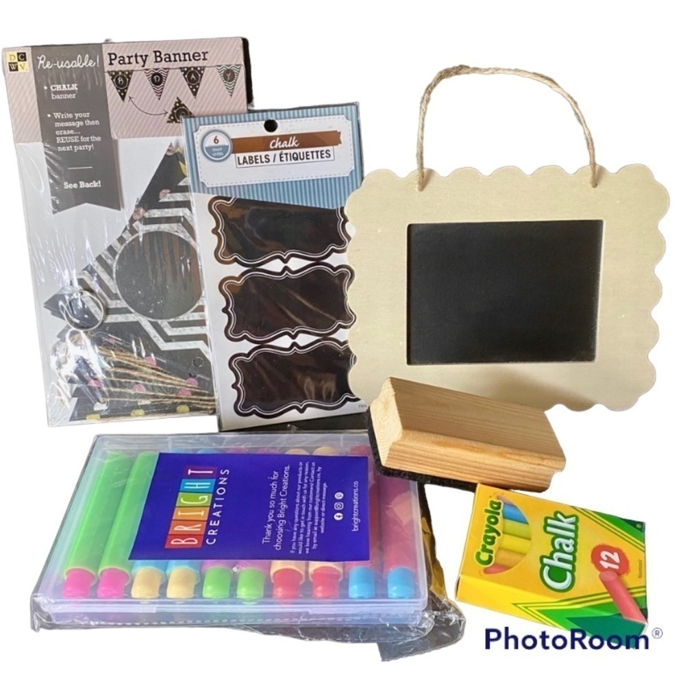 Chalk Holders, 12-Pack of Chalk, Eraser, Mini Chalkboard, Labels & Party Banner